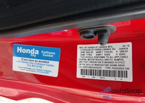 2018 Honda Civic Ex-T z USA, uszkodzony, nr VIN 2HGFC3B30JH353721